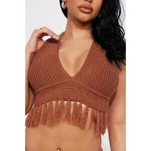 Almost famous the ultimate Boho Crochet Fringe Halter Top Brown Size Large RfFNB